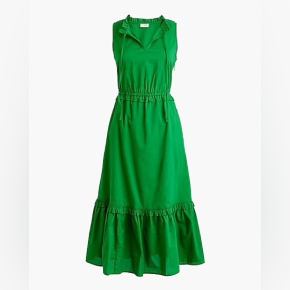 J.Crew Green Cotton Poplin Ruffle Tiered Midi Dress 8 Sleeveless Waist Tie
